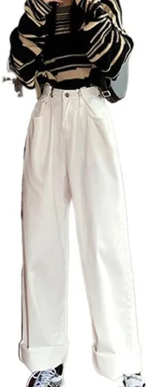 DGKaxiyaHM Women's High Waist Street Mopping Denim Pants Distressed Baggy Wide Leg Jeans Regular Relaxed Straight Trousers (White,Small)