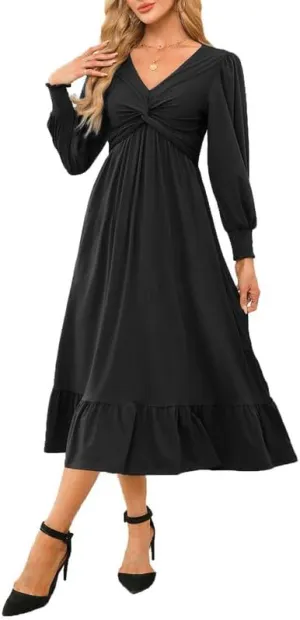 Dokotoo Wedding Guest Dresses for Women 2024 Fall Dresses Wrap V-Neck Long Sleeve Side Pockets Empire Waist Dress Ruched Flowy Maxi Dress Black Large