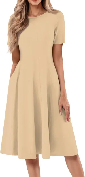 Dress for Women Summer Short Sleeve Wrap Dress Empire Waist Flower Dresses Round Neck Boho Midi Dresses with Pockets
