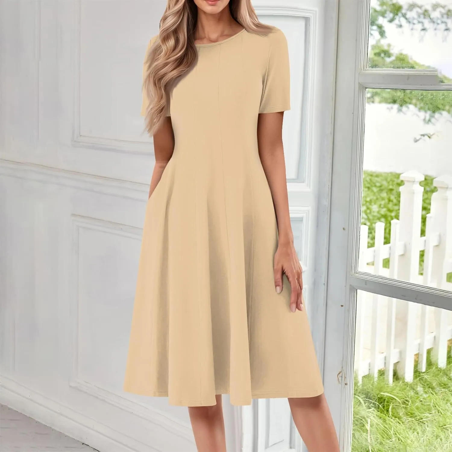 Dress for Women Summer Short Sleeve Wrap Dress Empire Waist Flower Dresses Round Neck Boho Midi Dresses with Pockets