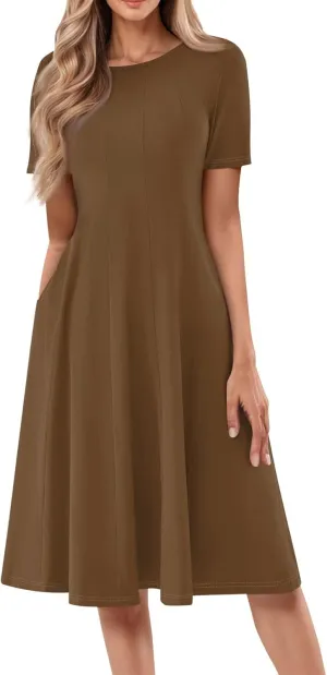 Dress for Women Summer Short Sleeve Wrap Dress Empire Waist Flower Dresses Round Neck Boho Midi Dresses with Pockets