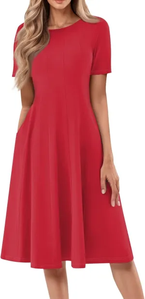 Dress for Women Summer Short Sleeve Wrap Dress Empire Waist Flower Dresses Round Neck Boho Midi Dresses with Pockets