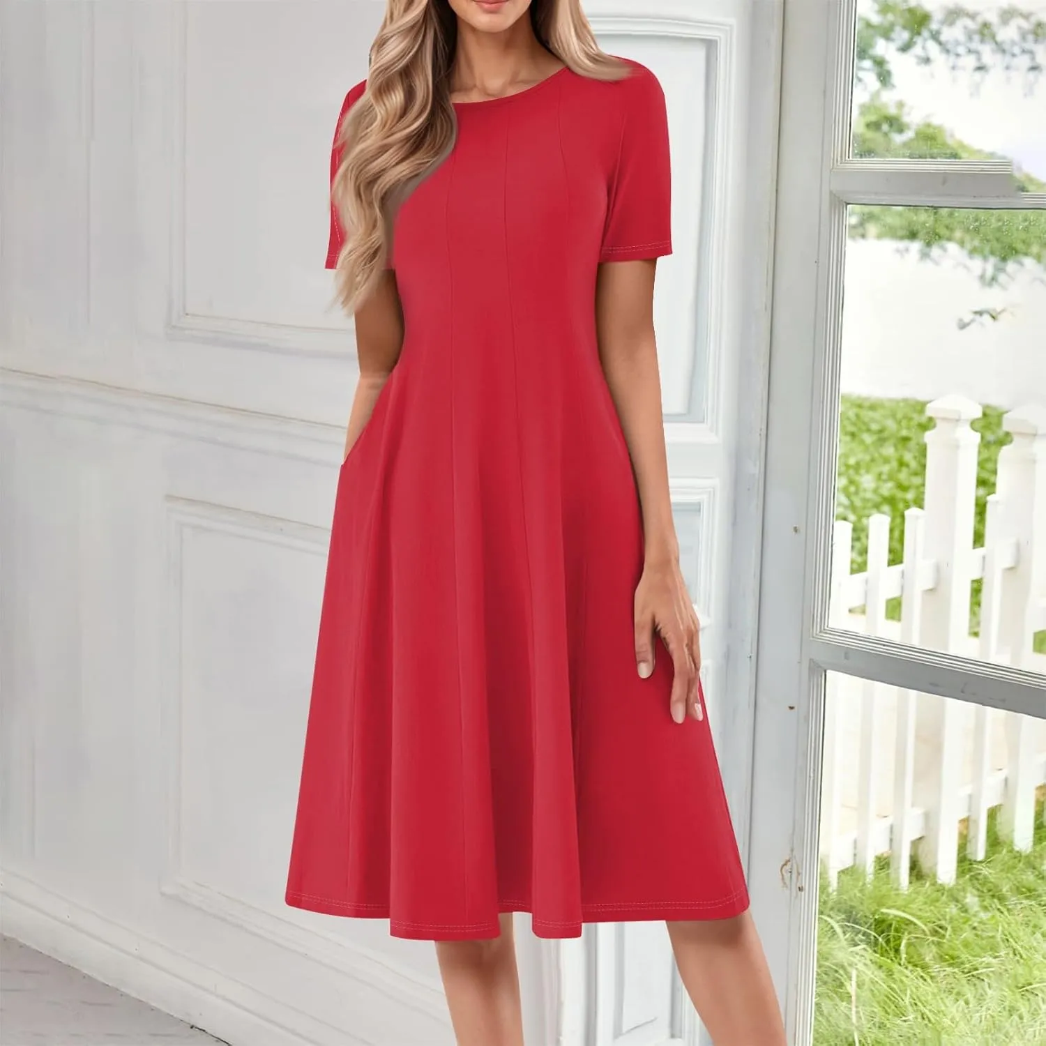 Dress for Women Summer Short Sleeve Wrap Dress Empire Waist Flower Dresses Round Neck Boho Midi Dresses with Pockets