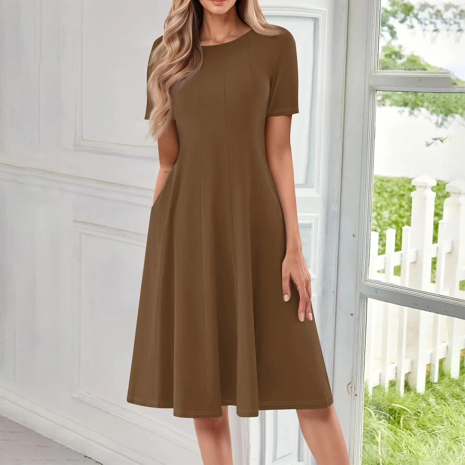 Dress for Women Summer Short Sleeve Wrap Dress Empire Waist Flower Dresses Round Neck Boho Midi Dresses with Pockets