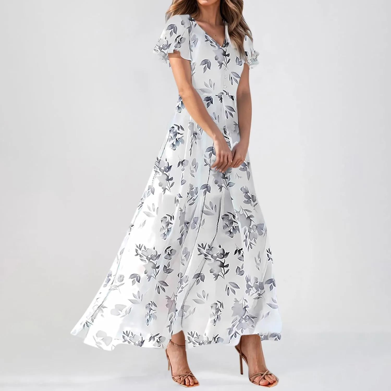 Dresses for Church Women 2025 Maxi Dress Summer Wrap Floral Ruffle Sleeve Chiffon Wedding Dress Boho