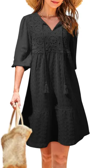 Dresses for Women Boho Loose Fit Drawstring V Neck Short Sleeve Printed Mini Dress Summer Casual Dressy 2025