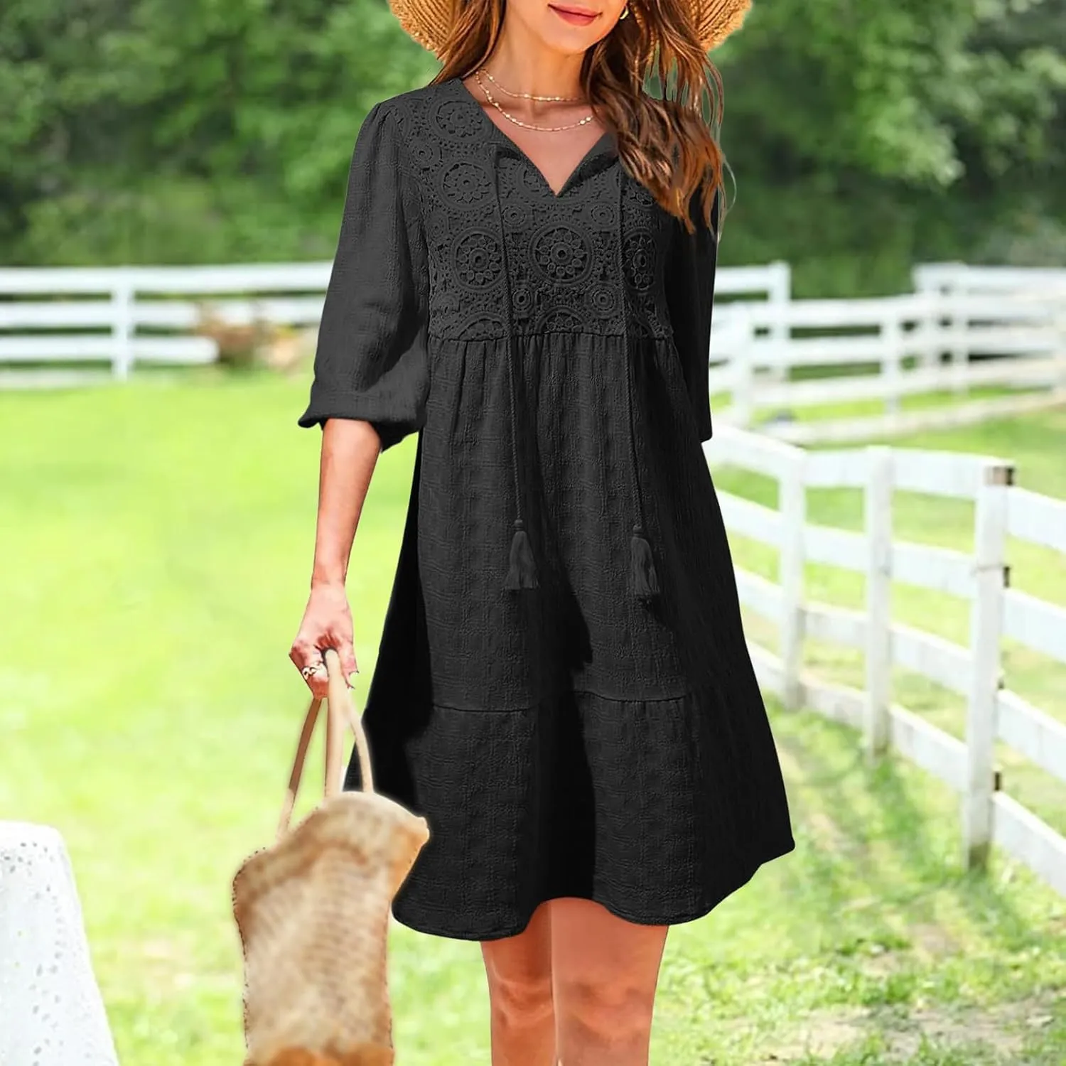 Dresses for Women Boho Loose Fit Drawstring V Neck Short Sleeve Printed Mini Dress Summer Casual Dressy 2025