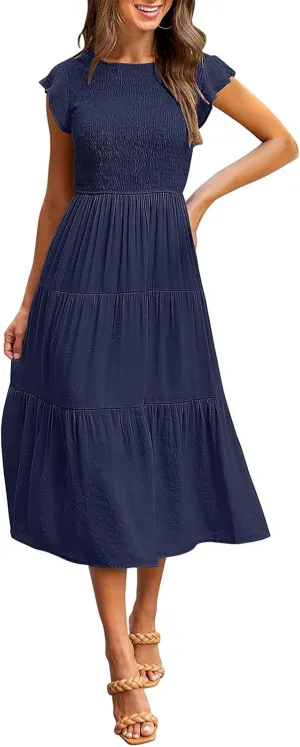 Dresses for Women Fashion Trendy Dressy Dresses Ruffle Sleeve Crewenck Pleated Waist Tiered Dress Swing Dress 2025