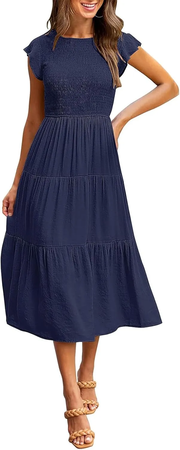 Dresses for Women Fashion Trendy Dressy Dresses Ruffle Sleeve Crewenck Pleated Waist Tiered Dress Swing Dress 2025