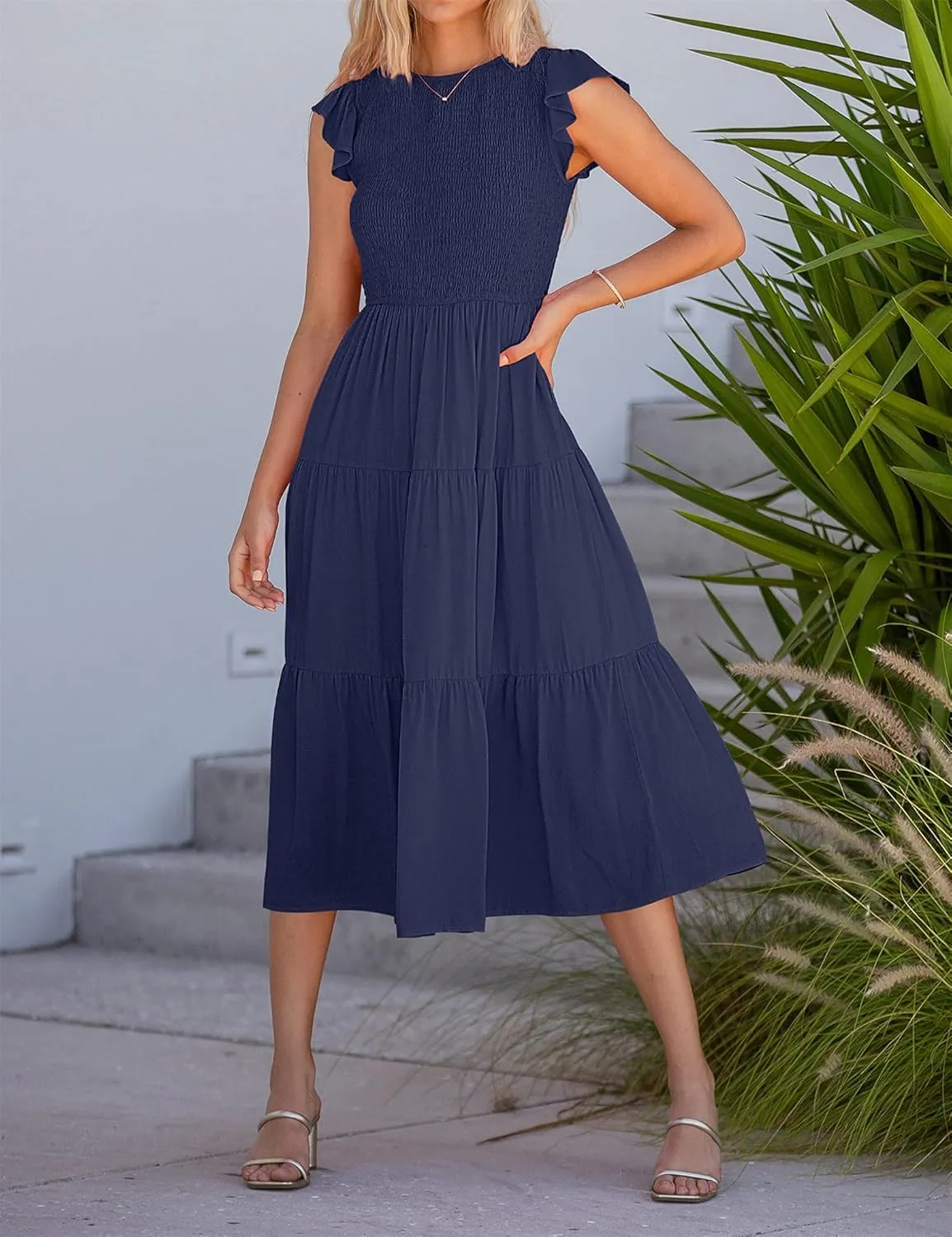 Dresses for Women Fashion Trendy Dressy Dresses Ruffle Sleeve Crewenck Pleated Waist Tiered Dress Swing Dress 2025