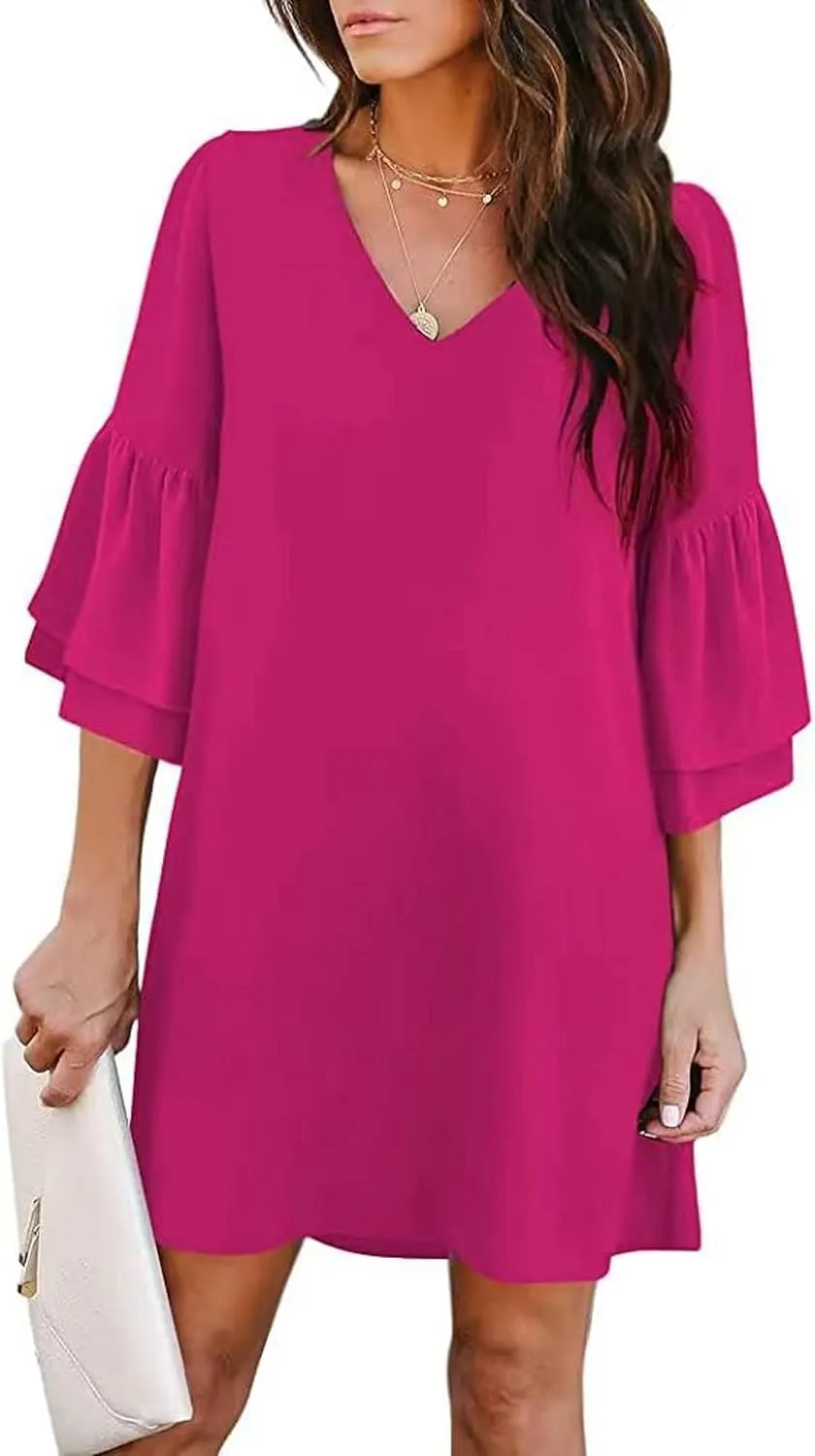 Dresses for Women Summer Flare Sleeve V Neck Loose Fit Mini Dress A Line Casual Plus Size Sundress 2025