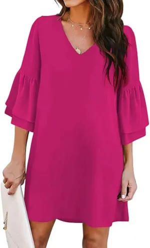 Dresses for Women Summer Flare Sleeve V Neck Loose Fit Mini Dress A Line Casual Plus Size Sundress 2025