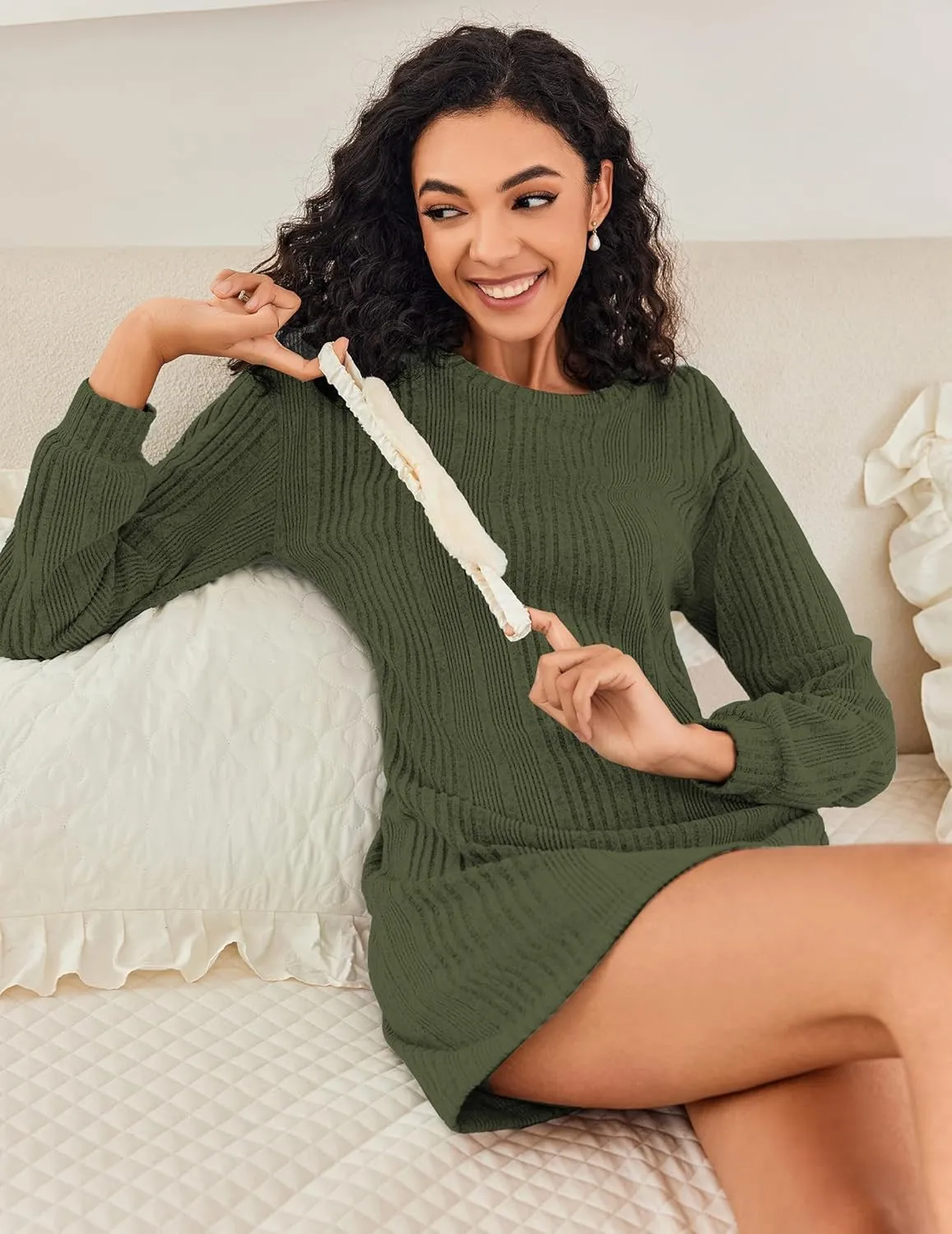 Ekouaer Women's Nightgown Long Sleeve Ribbed Knit Nightshirt Round Neck Sleep Shirt Soft Sweater Dress S-XXL