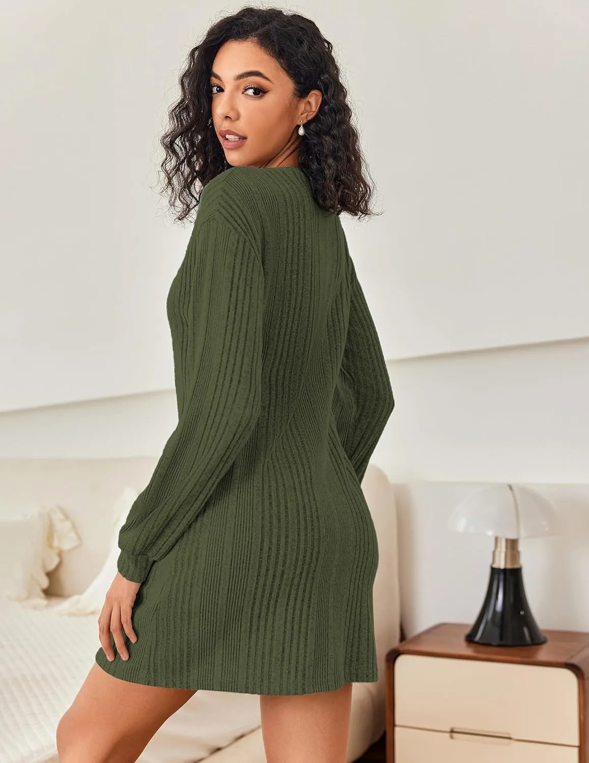 Ekouaer Women's Nightgown Long Sleeve Ribbed Knit Nightshirt Round Neck Sleep Shirt Soft Sweater Dress S-XXL