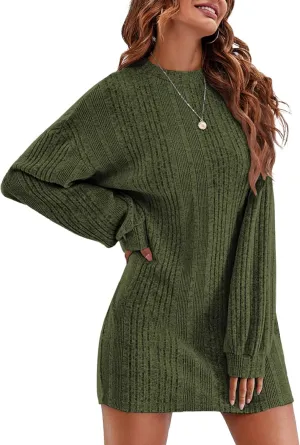 Ekouaer Women's Nightgown Long Sleeve Ribbed Knit Nightshirt Round Neck Sleep Shirt Soft Sweater Dress S-XXL