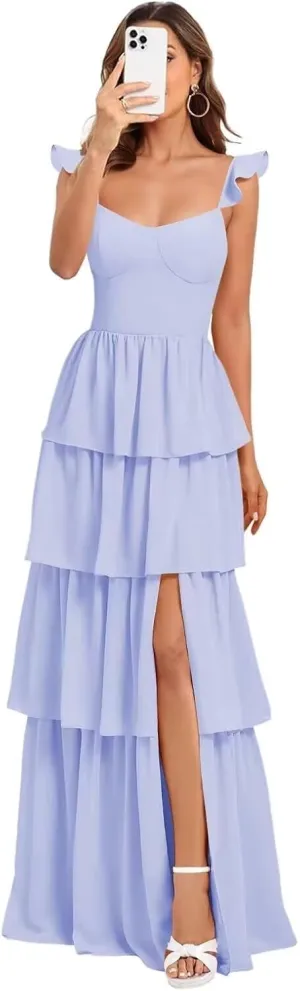 Elmiansly Tiered Ruffles Bridesmaid Dresses 2025 for Women Chiffon Formal Evening Dresses with Ruffles