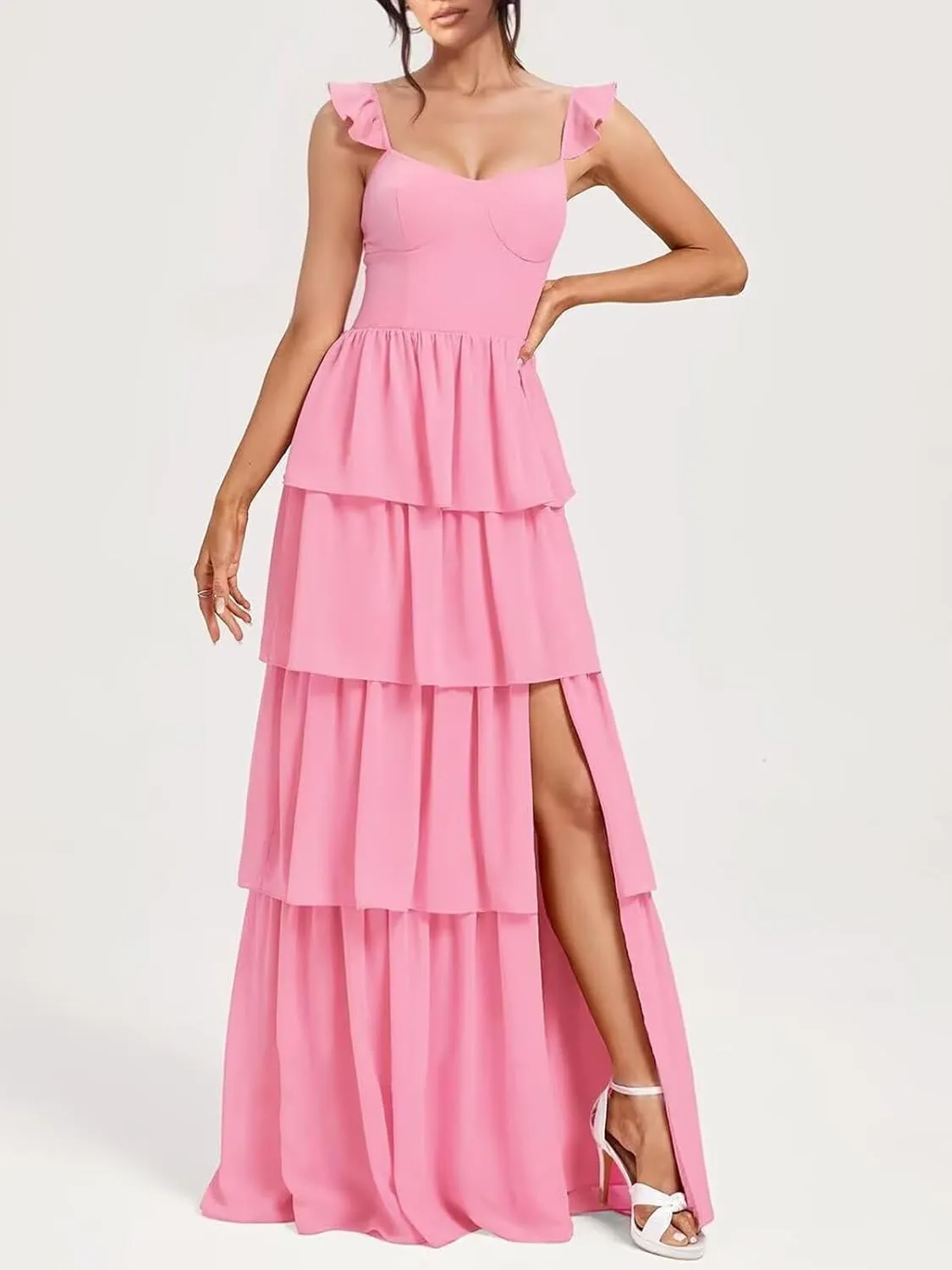 Elmiansly Tiered Ruffles Bridesmaid Dresses 2025 for Women Chiffon Formal Evening Dresses with Ruffles