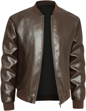 ERFMFKL Mens Classic Leather Jacket Stand Up Collar Solid Color Casual Motorcycle Coat Pu Leather Jackets
