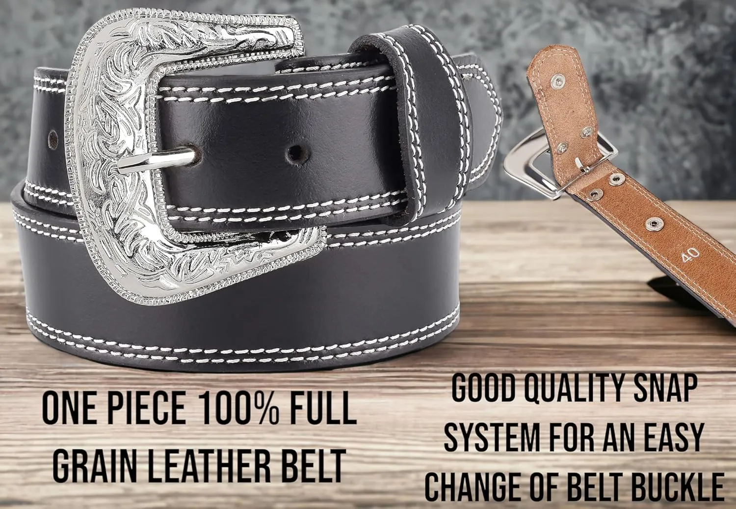 F&L CLASSIC mens Western full grain Leather belt Strap w/Snaps for Interchangeable Buckles, USA,