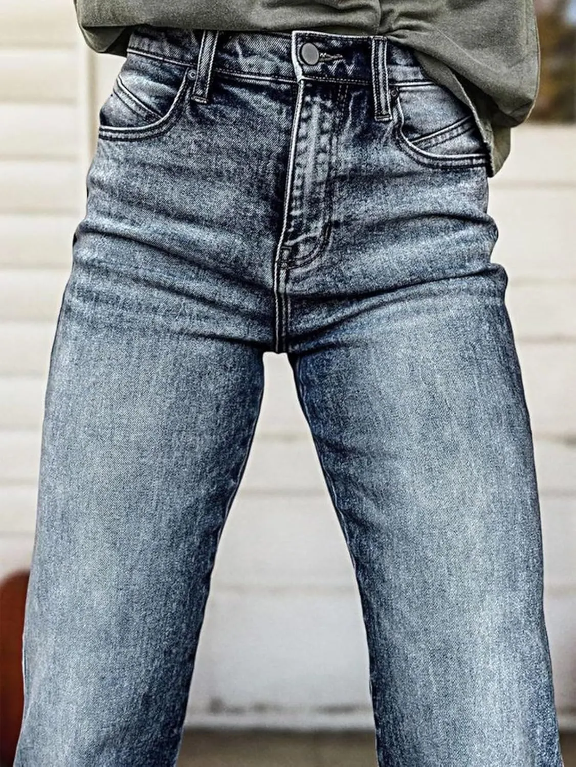Flamingals Straight Leg High Waist Casual Flared Jeans for Women Wash Decorative Button Jeans