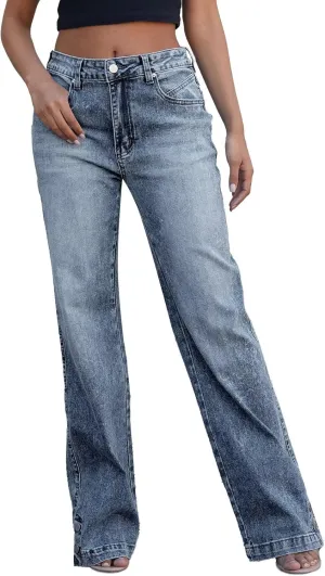 Flamingals Straight Leg High Waist Casual Flared Jeans for Women Wash Decorative Button Jeans
