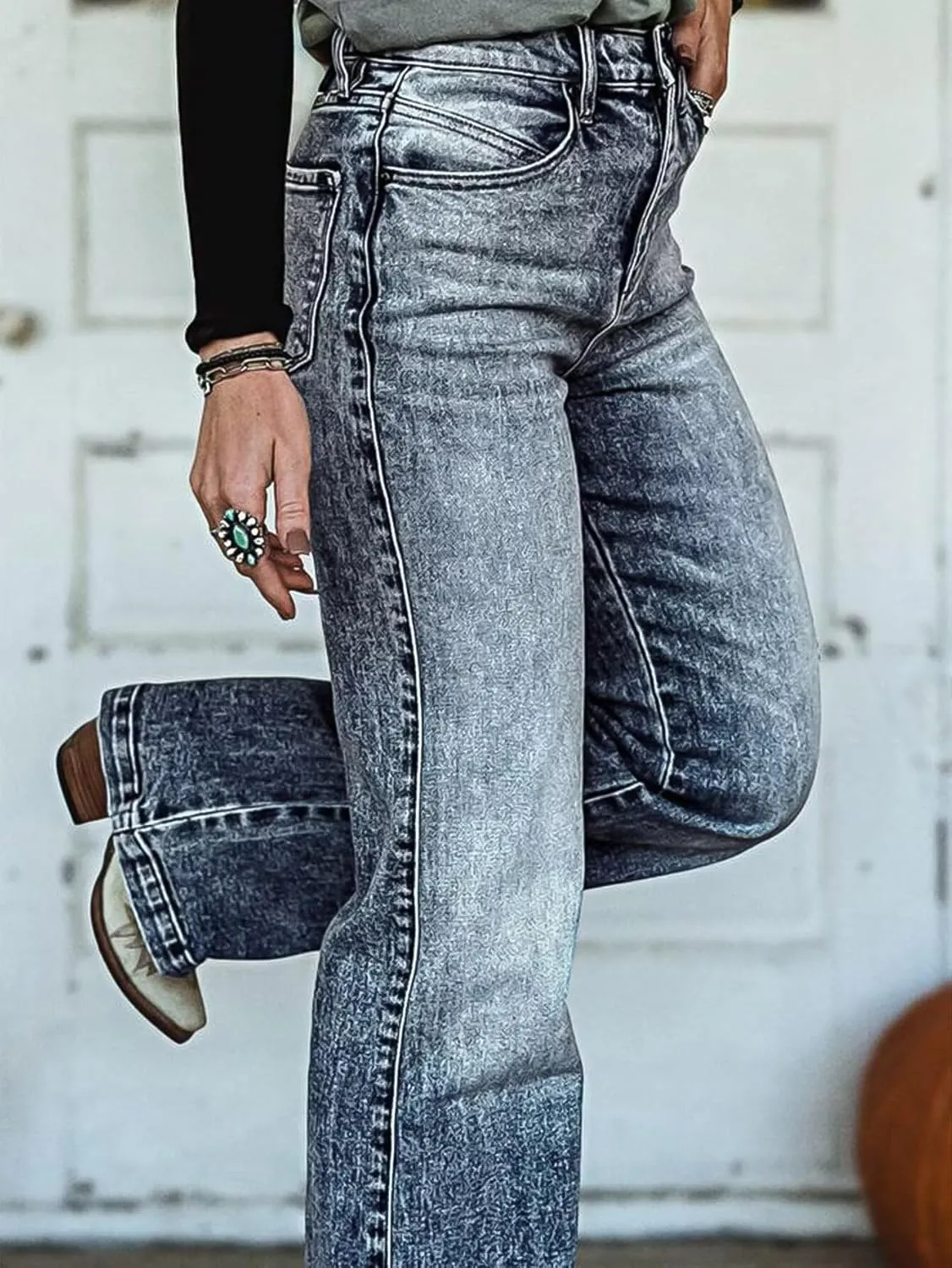 Flamingals Straight Leg High Waist Casual Flared Jeans for Women Wash Decorative Button Jeans