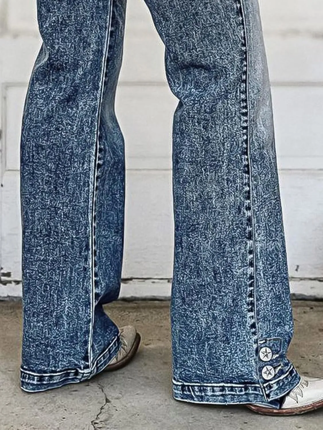 Flamingals Straight Leg High Waist Casual Flared Jeans for Women Wash Decorative Button Jeans