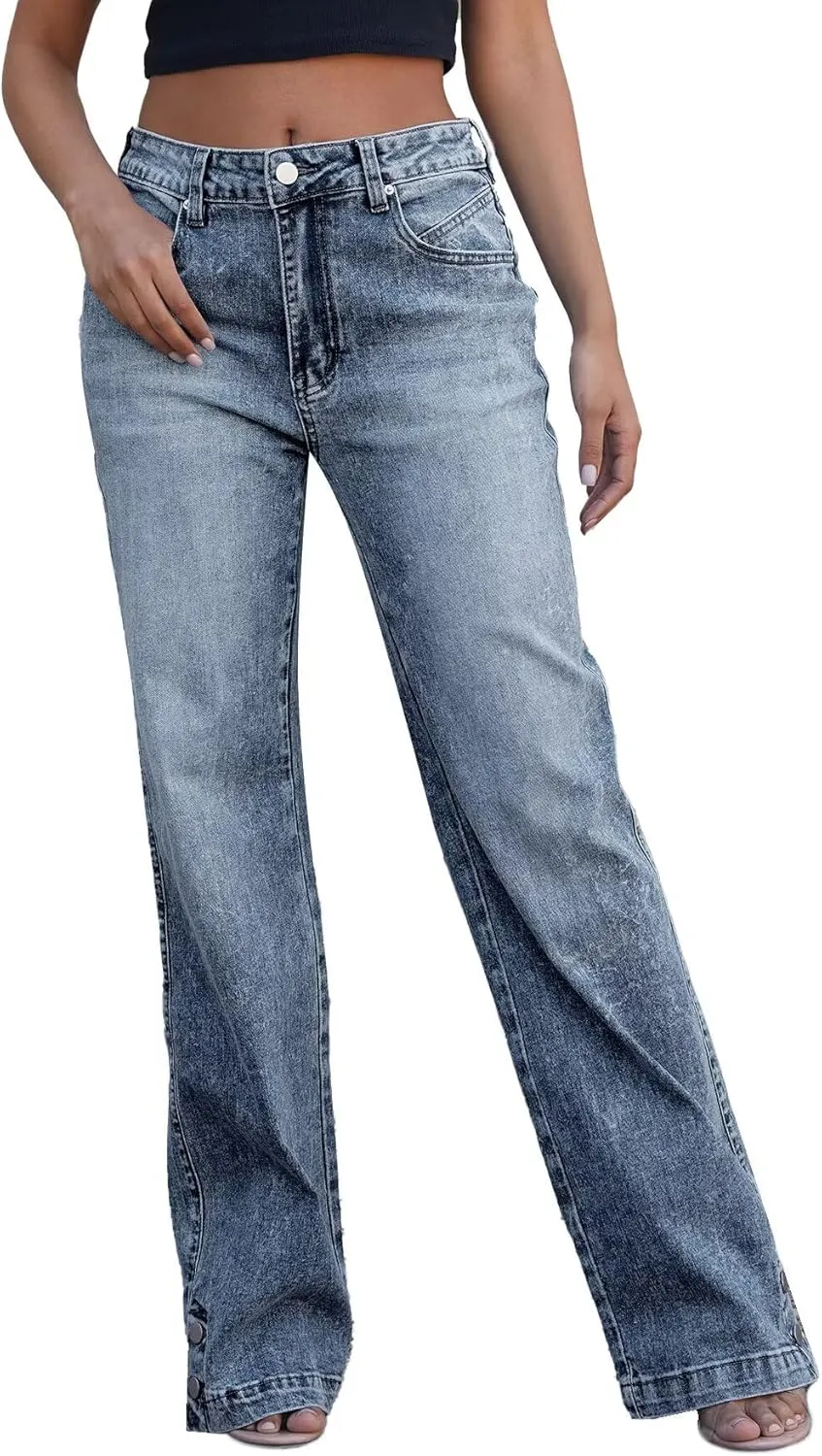 Flamingals Straight Leg High Waist Casual Flared Jeans for Women Wash Decorative Button Jeans