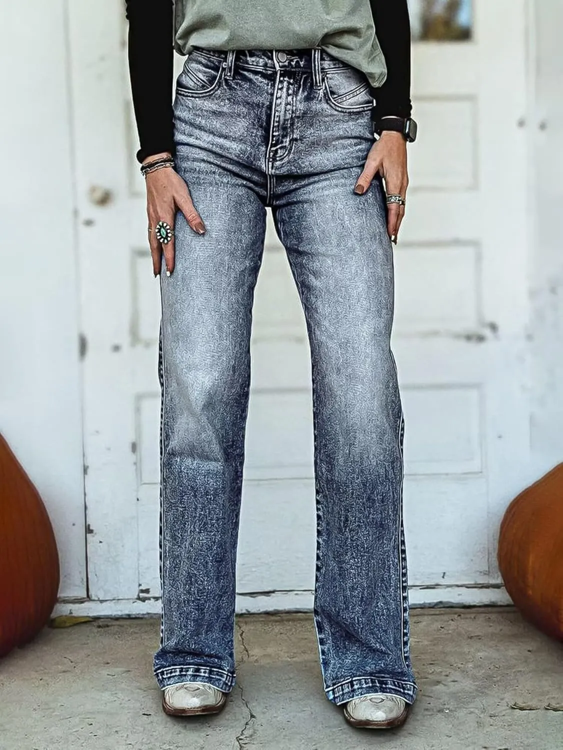 Flamingals Straight Leg High Waist Casual Flared Jeans for Women Wash Decorative Button Jeans