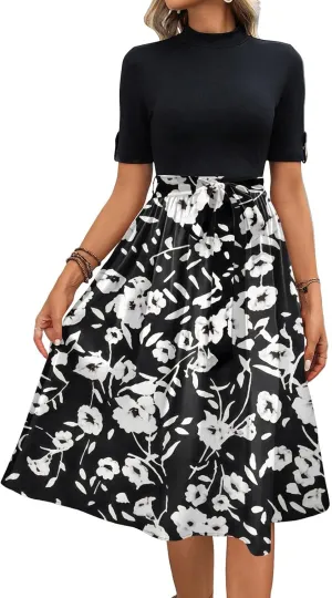 Floral Dresses Short Sleeve Empire Waist Summer Crewneck Fashion Belted Modest Sundresses Midi Length Dress