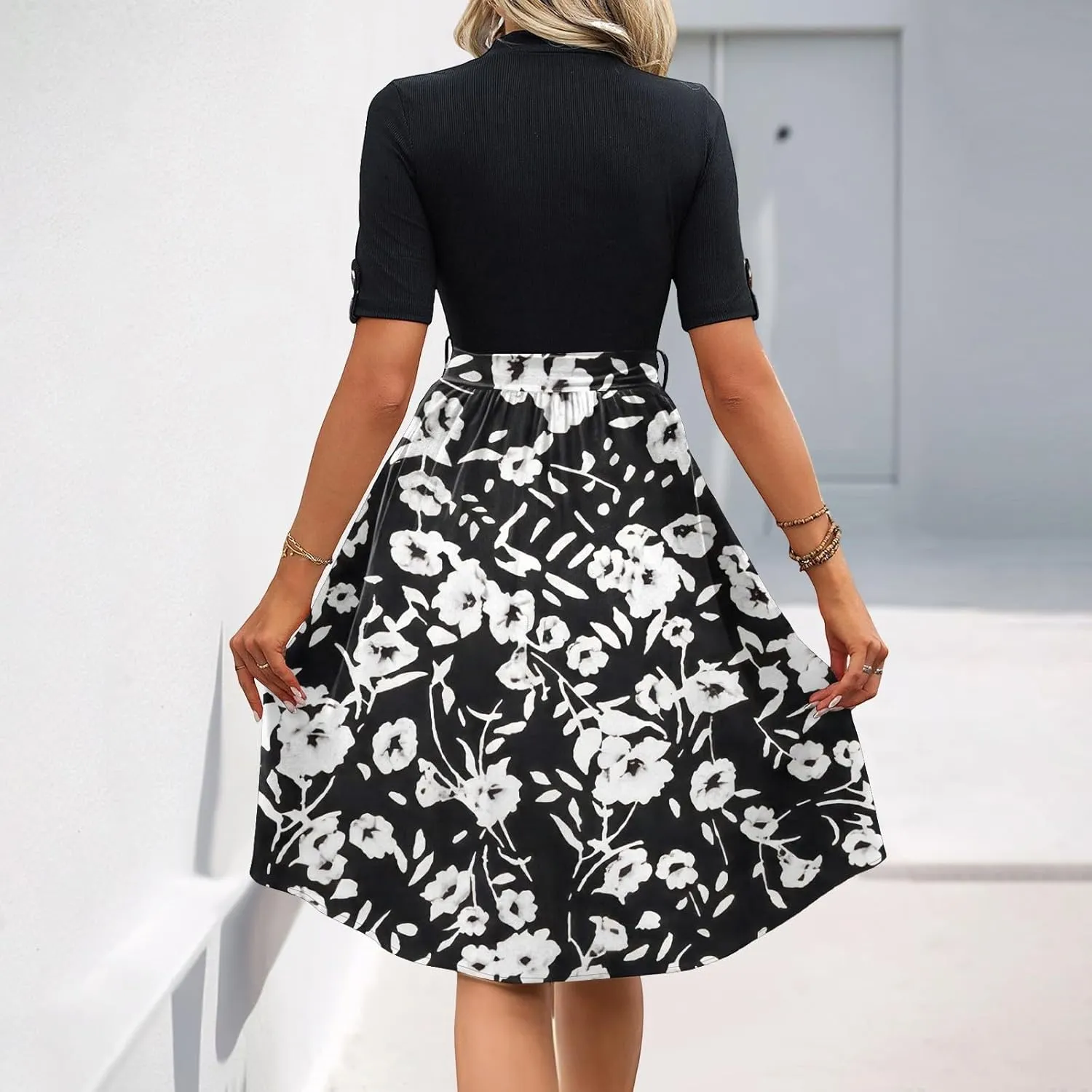 Floral Dresses Short Sleeve Empire Waist Summer Crewneck Fashion Belted Modest Sundresses Midi Length Dress