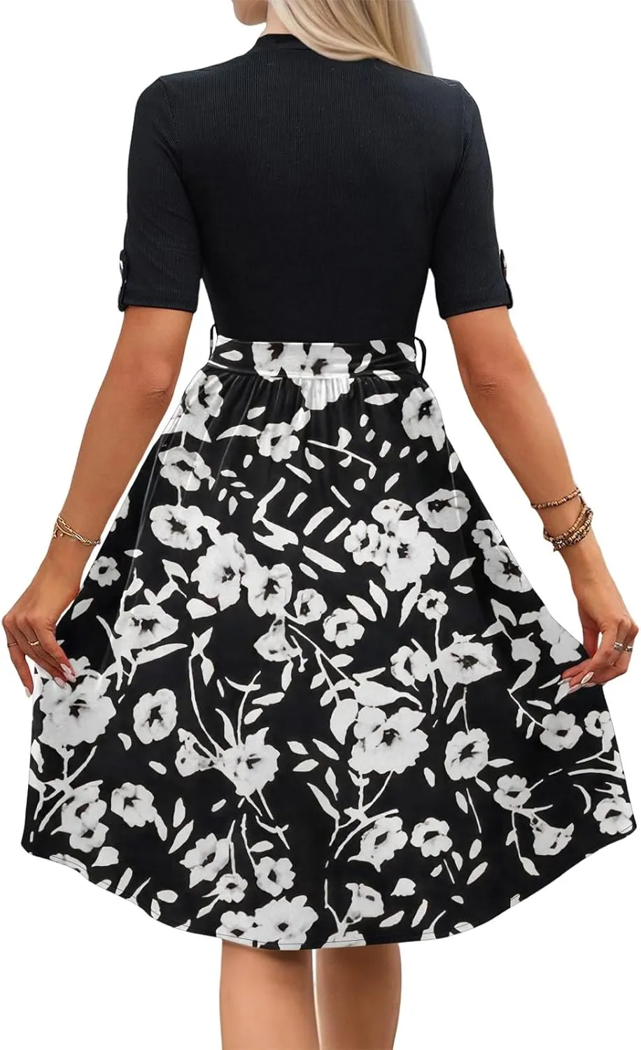 Floral Dresses Short Sleeve Empire Waist Summer Crewneck Fashion Belted Modest Sundresses Midi Length Dress