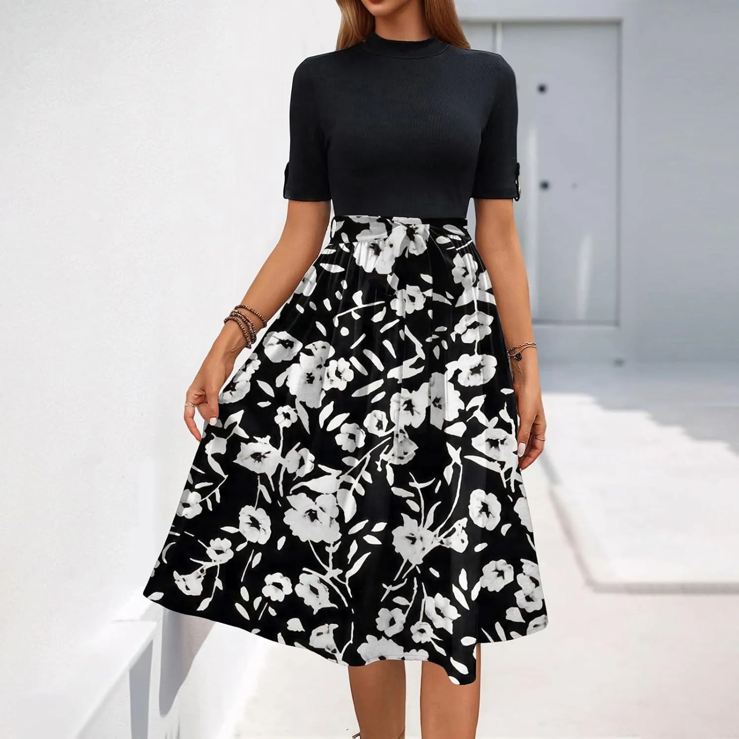 Floral Dresses Short Sleeve Empire Waist Summer Crewneck Fashion Belted Modest Sundresses Midi Length Dress