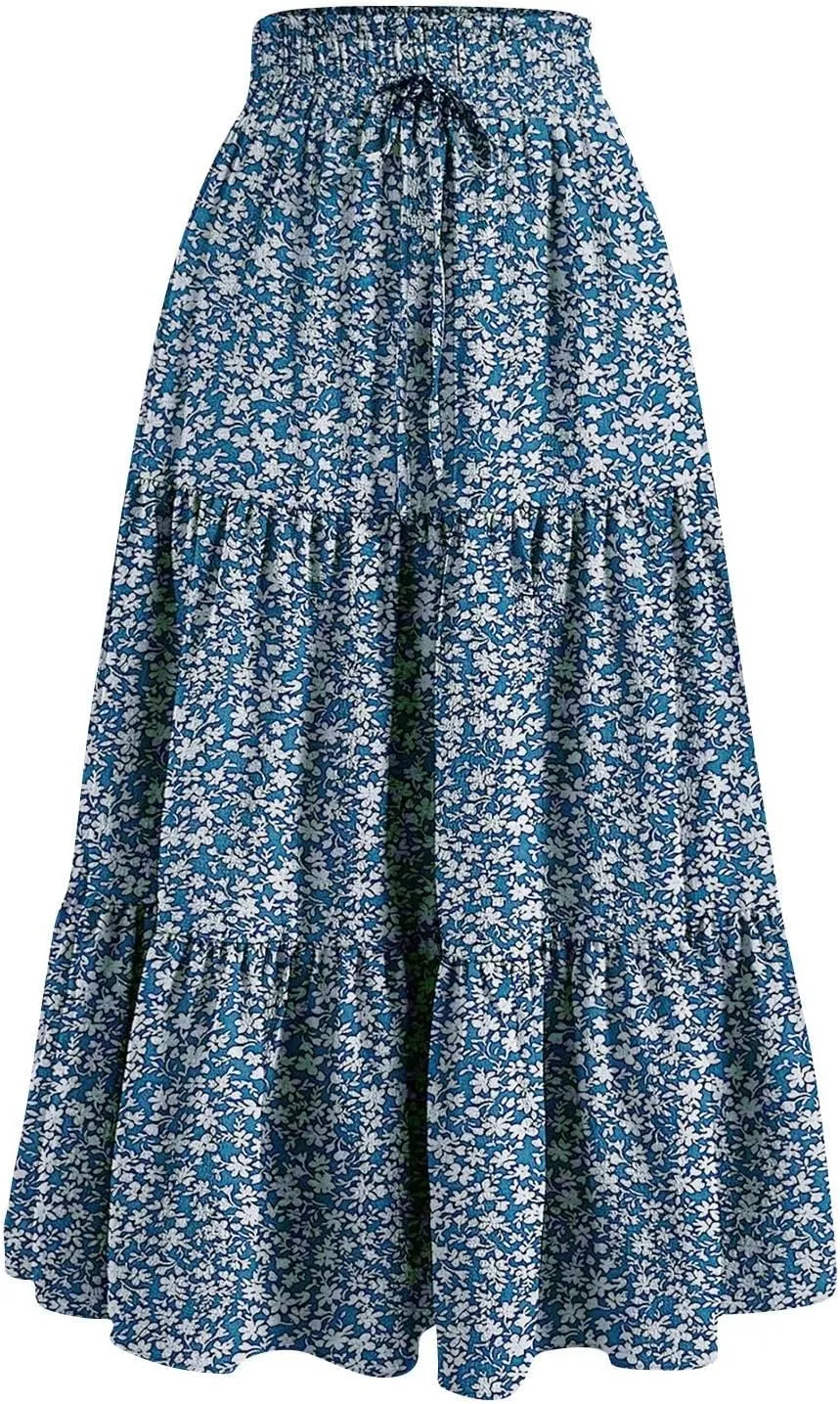 Floral Long Skirts for Women Trendy Summer High Waisted Tiered Maxi Skirt Boho Flowy A Line Ruffle Hem Beach Skirt