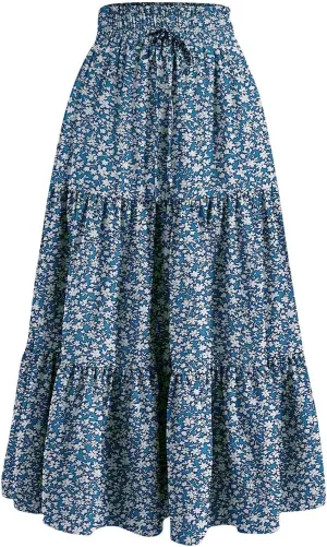 Floral Long Skirts for Women Trendy Summer High Waisted Tiered Maxi Skirt Boho Flowy A Line Ruffle Hem Beach Skirt