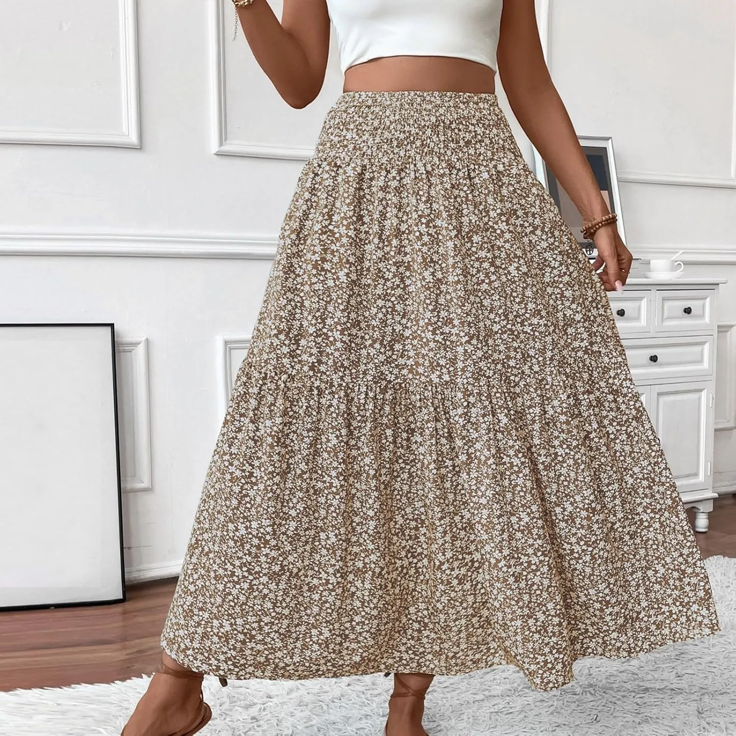 Floral Maxi Skirt for Women Boho A-Line Flowy Swing Long Skirts Elastic High Waisted Comfy Summer Vacation Skirts