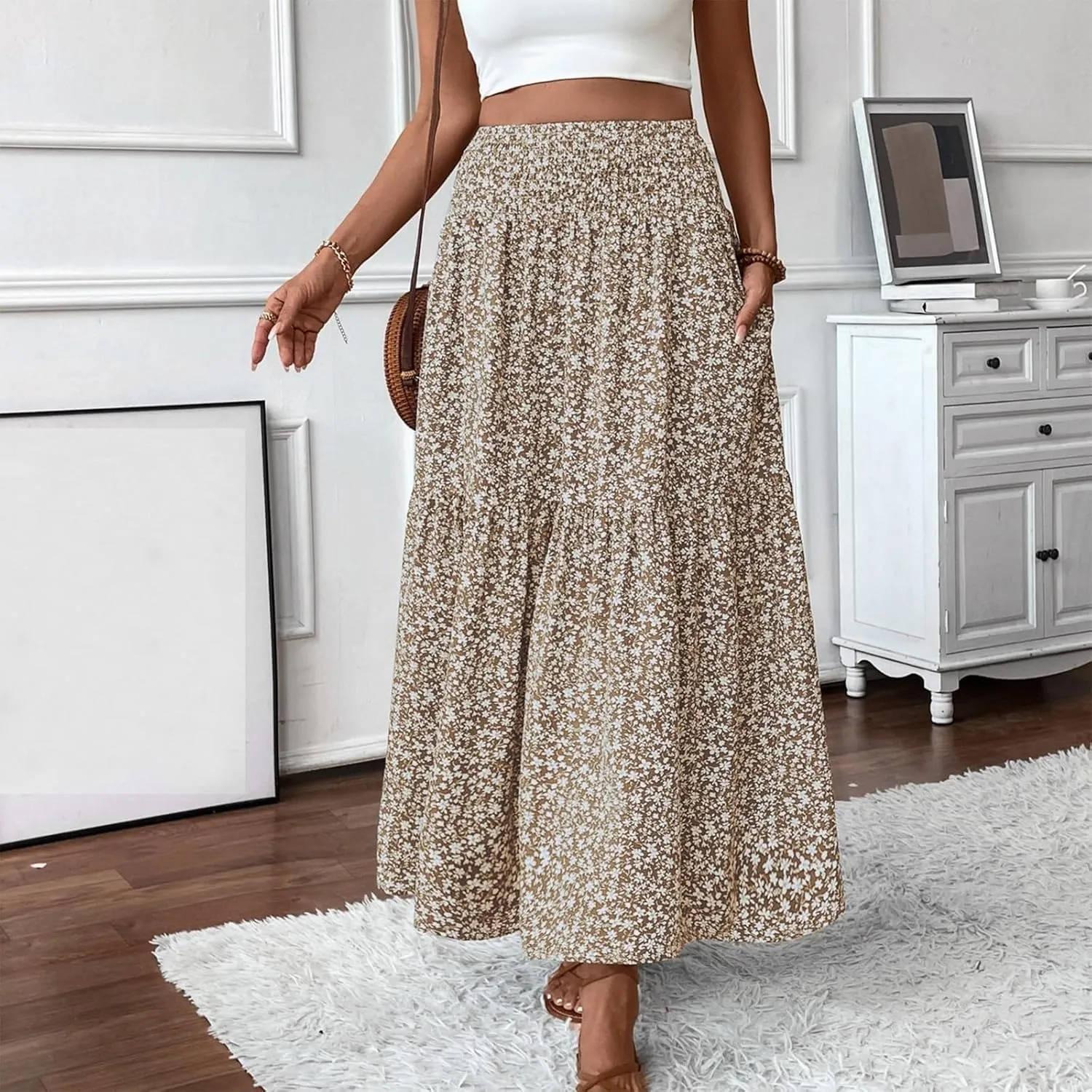 Floral Maxi Skirt for Women Boho A-Line Flowy Swing Long Skirts Elastic High Waisted Comfy Summer Vacation Skirts