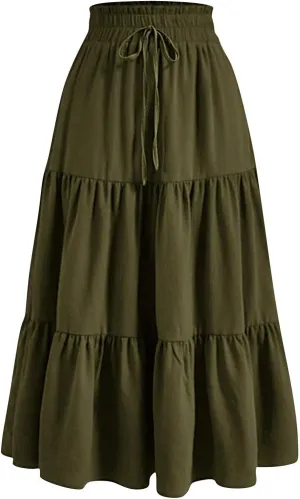 Floral Maxi Skirt for Women Summer Comfy Tiered Elastic High Waisted Boho Skirts Vacation A-Line Flowy Swing Long Skirts