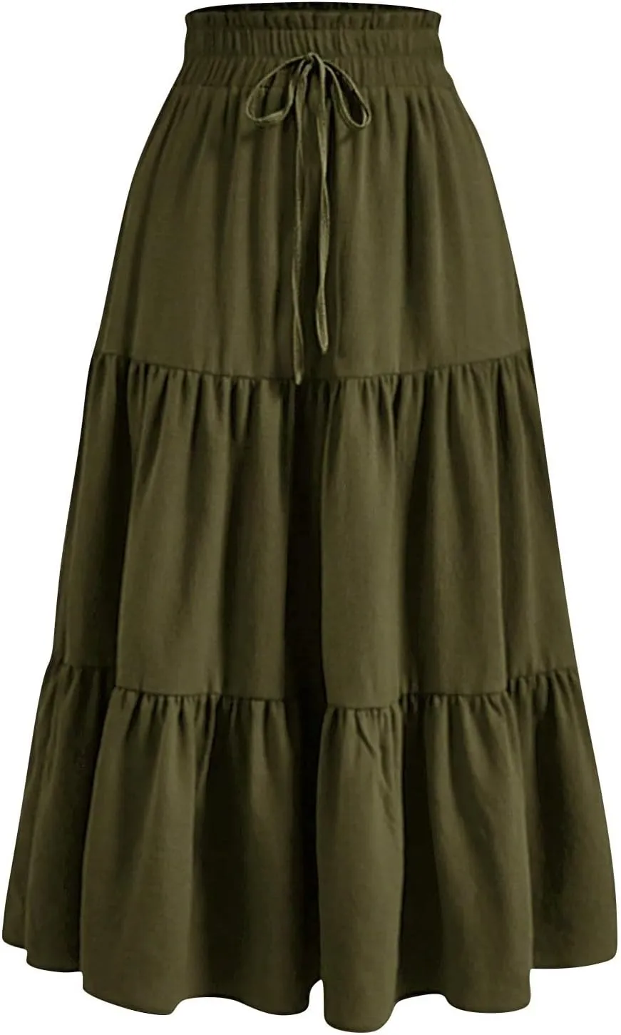 Floral Maxi Skirt for Women Summer Comfy Tiered Elastic High Waisted Boho Skirts Vacation A-Line Flowy Swing Long Skirts