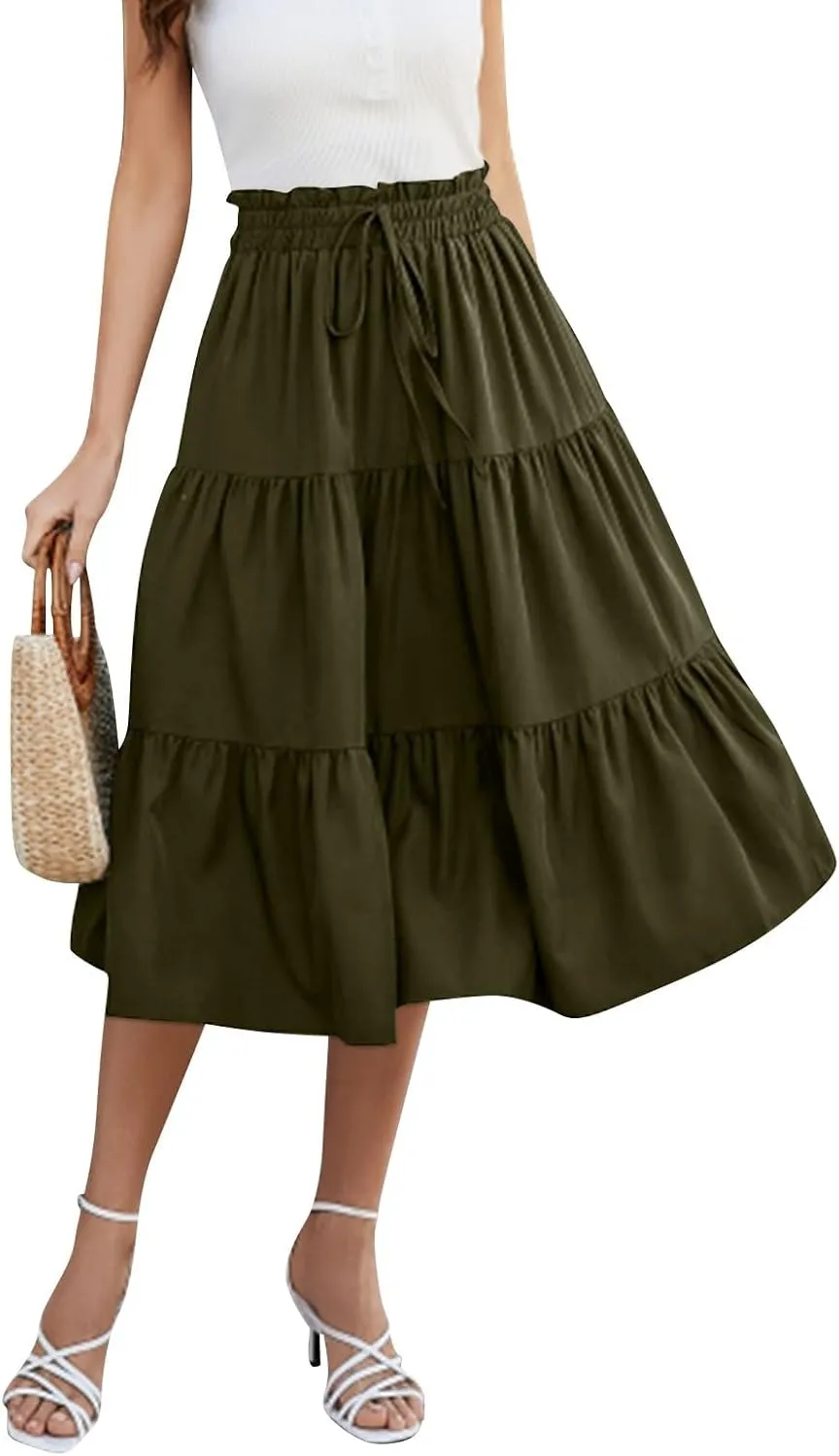 Floral Maxi Skirt for Women Summer Comfy Tiered Elastic High Waisted Boho Skirts Vacation A-Line Flowy Swing Long Skirts