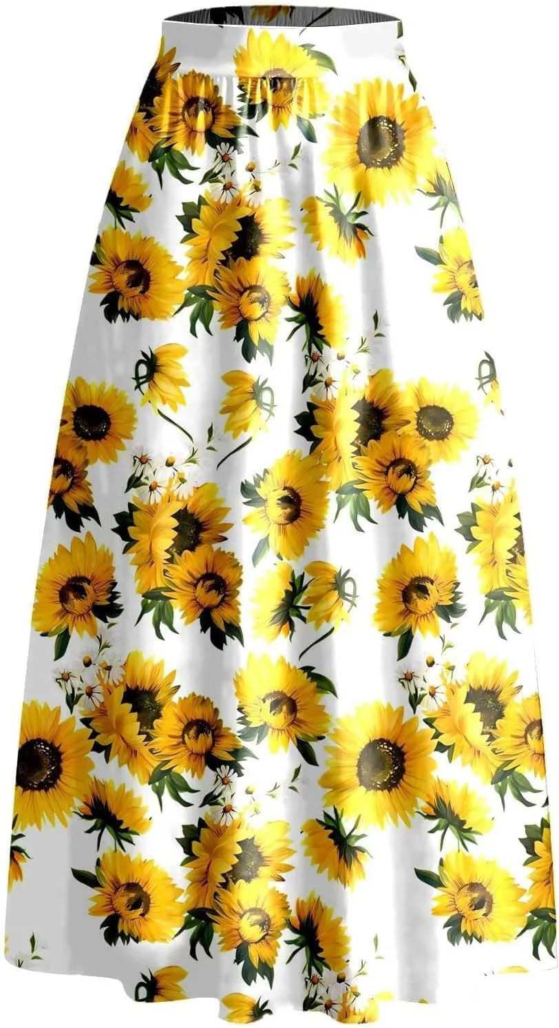 Floral Skirts for Women Summer Flowy High Waisted Skirt Boho Vacation A-Line Swing Long Floral Maxi Skirts