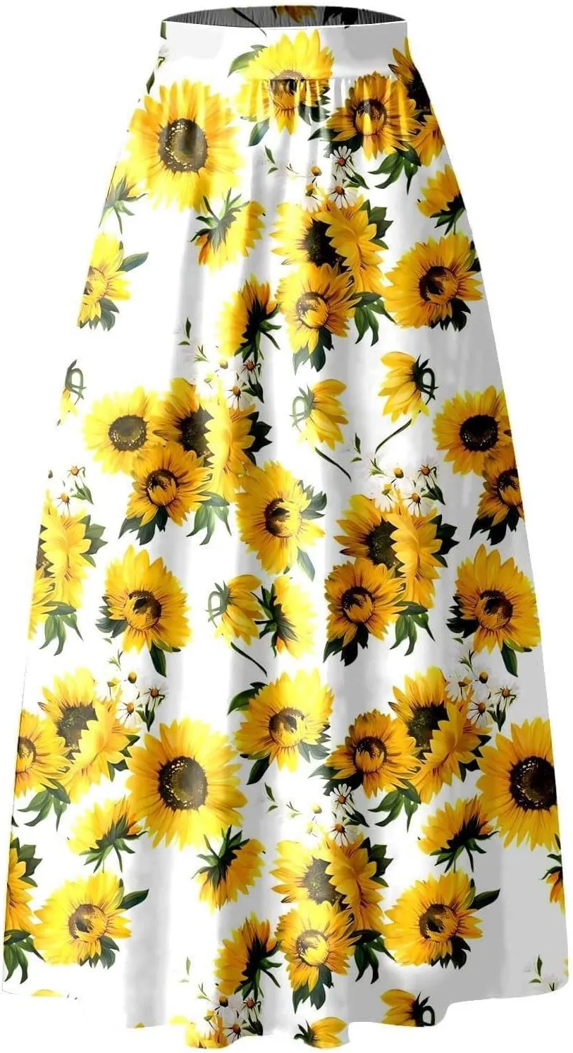 Floral Skirts for Women Summer Flowy High Waisted Skirt Boho Vacation A-Line Swing Long Floral Maxi Skirts