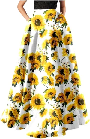 Floral Skirts for Women Summer Flowy High Waisted Skirt Boho Vacation A-Line Swing Long Floral Maxi Skirts