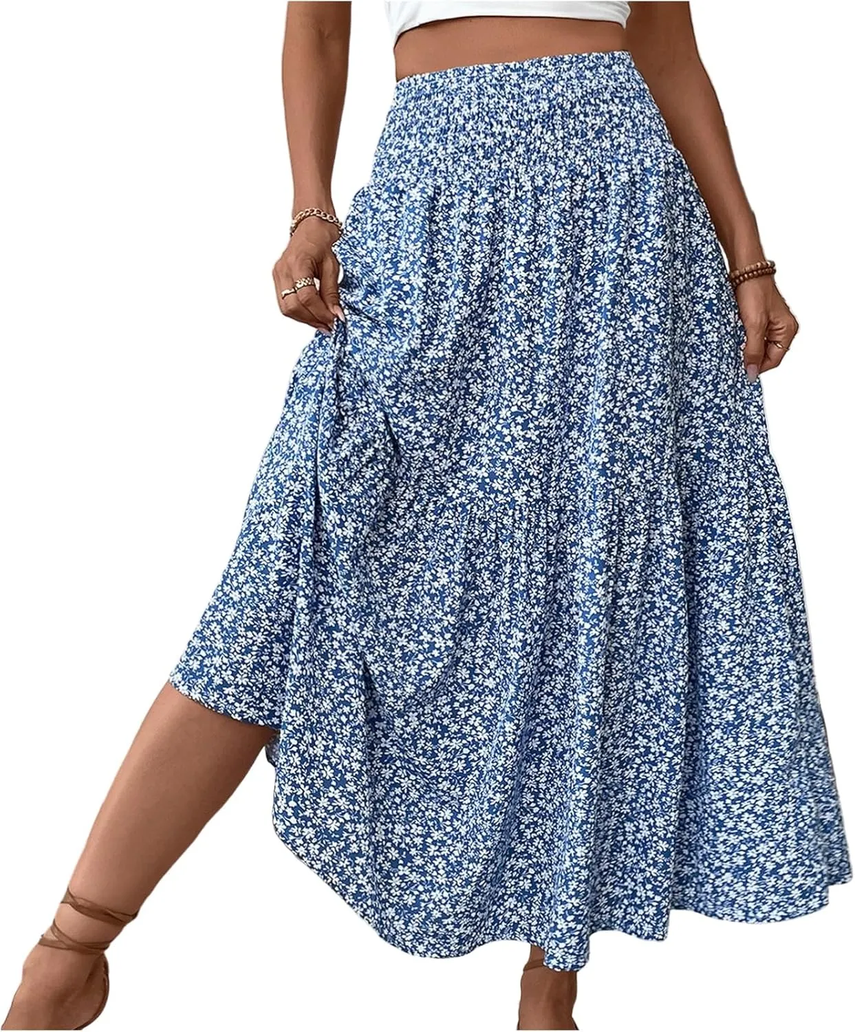 Floral Skirts for Women Summer Flowy Tiered Elastic High Waisted Print Skirt Vacation A-Line Swing Long Midi Skirts