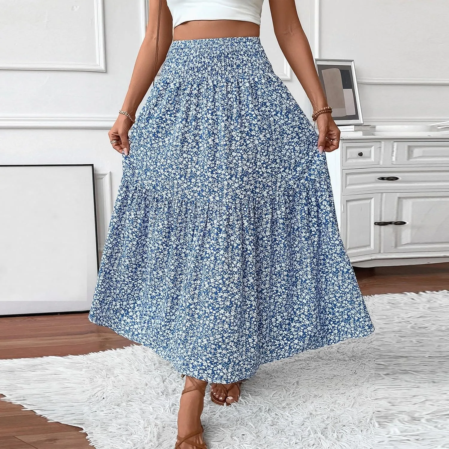 Floral Skirts for Women Summer Flowy Tiered Elastic High Waisted Print Skirt Vacation A-Line Swing Long Midi Skirts