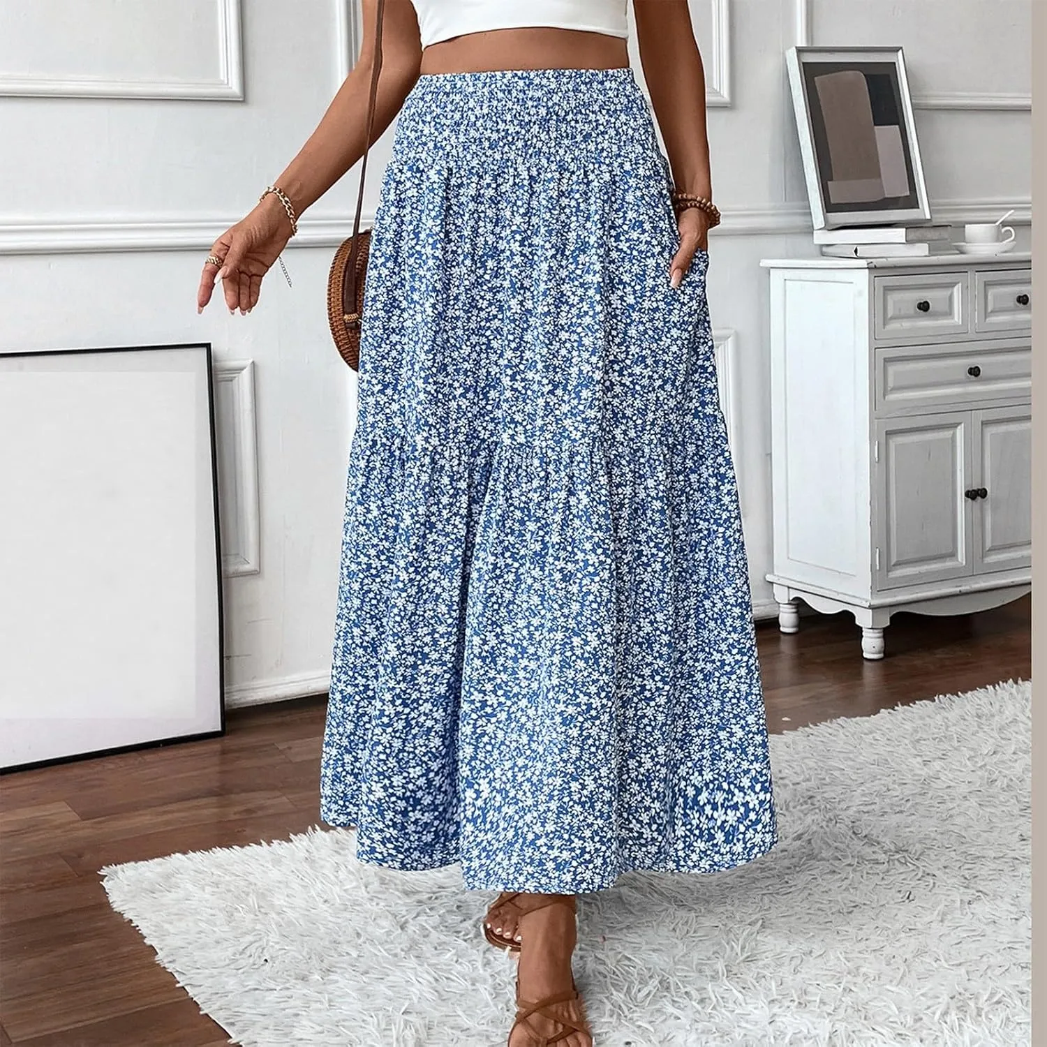 Floral Skirts for Women Summer Flowy Tiered Elastic High Waisted Print Skirt Vacation A-Line Swing Long Midi Skirts