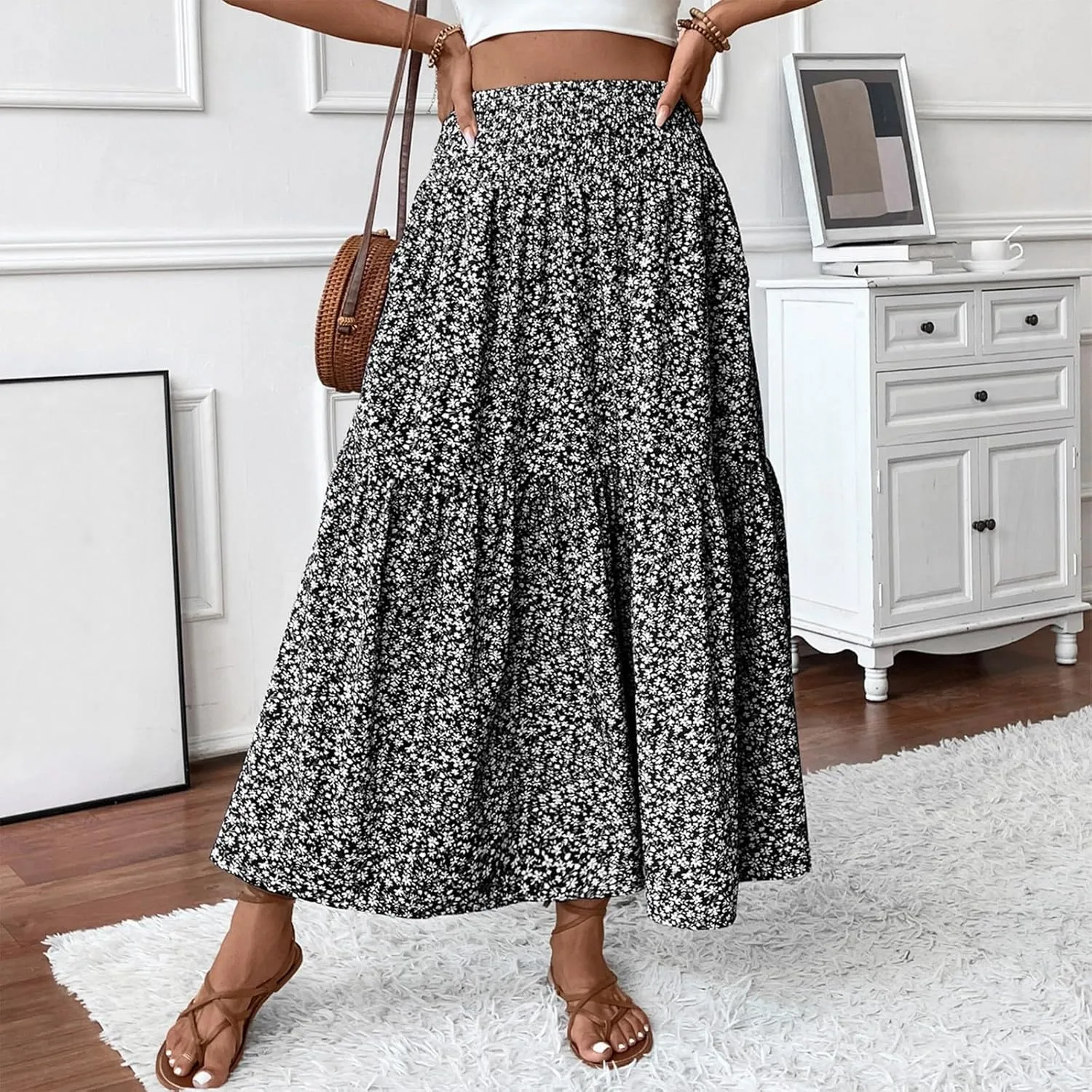 Floral Skirts for Women Summer Flowy Tiered Elastic High Waisted Print Skirt Vacation A-Line Swing Long Midi Skirts