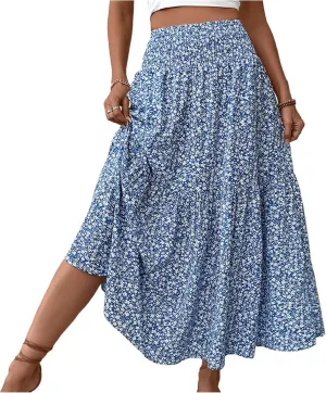 Floral Skirts for Women Summer Flowy Tiered Elastic High Waisted Print Skirt Vacation A-Line Swing Long Midi Skirts