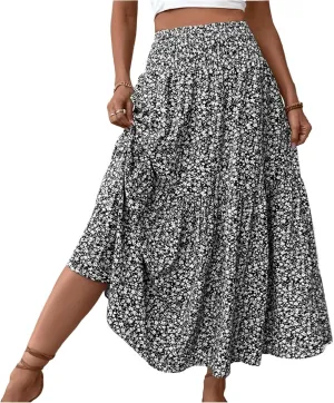 Floral Skirts for Women Summer Flowy Tiered Elastic High Waisted Print Skirt Vacation A-Line Swing Long Midi Skirts