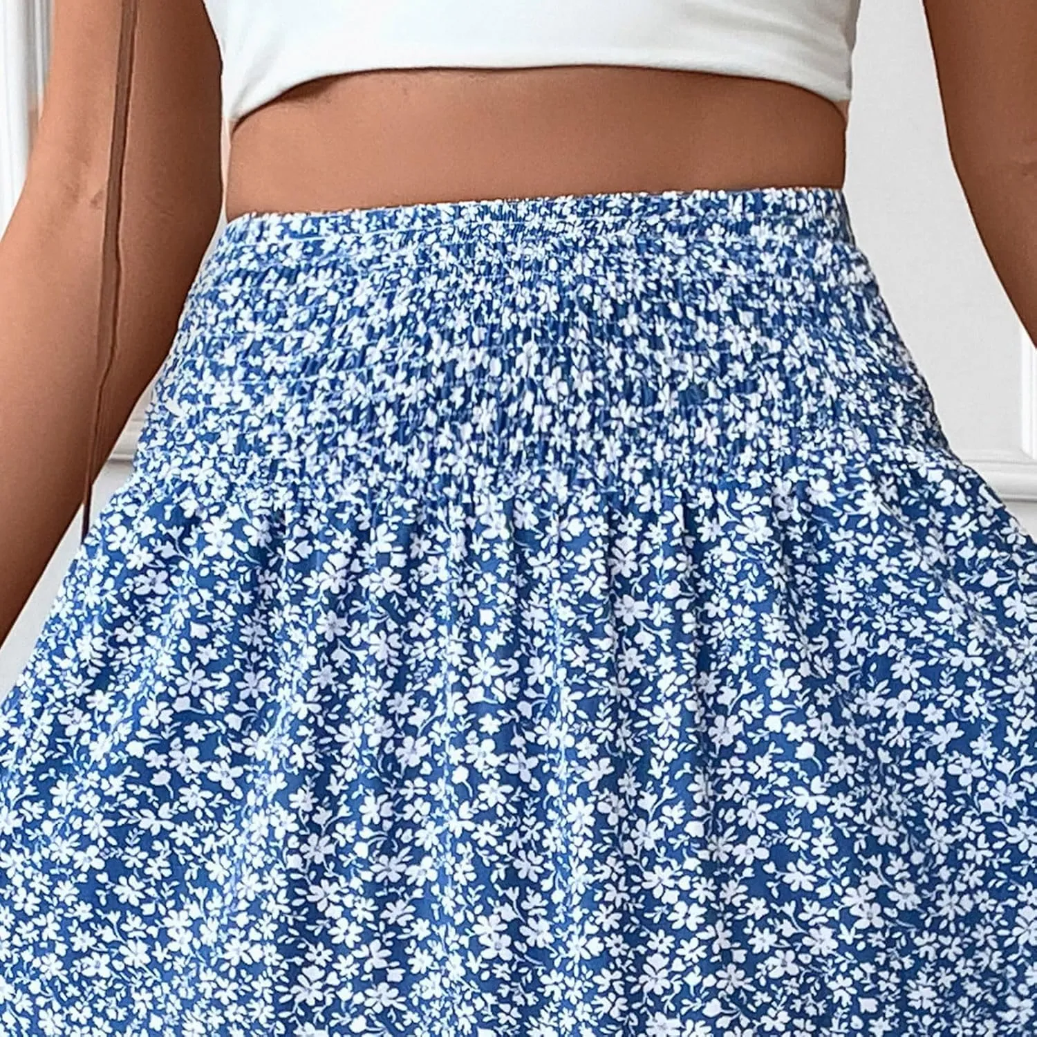 Floral Skirts for Women Summer Flowy Tiered Elastic High Waisted Print Skirt Vacation A-Line Swing Long Midi Skirts